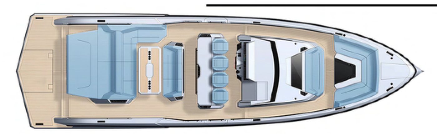Dekplattegrond van de Vanquish VQ55 met zitgedeeltes, stuurpositie en achterdek