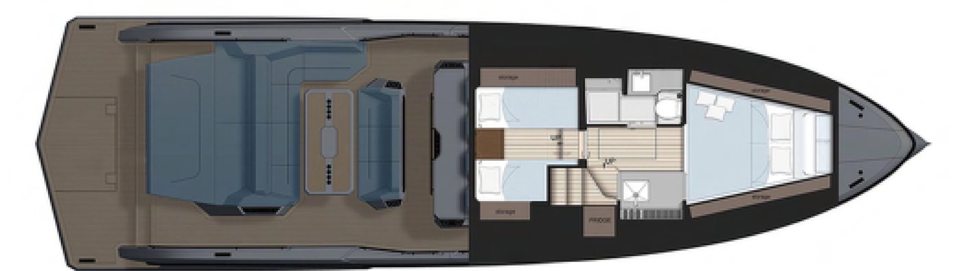Interieurplattegrond van de Vanquish VQ55 met slaapkajuiten en badkamer